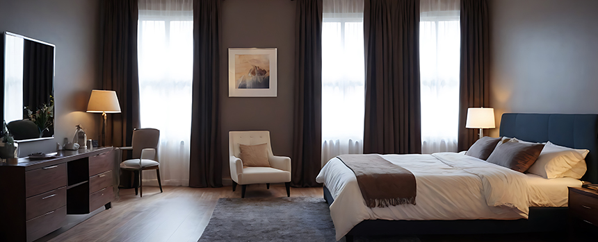 bedroom with thick blackout curtains for sunblocking 